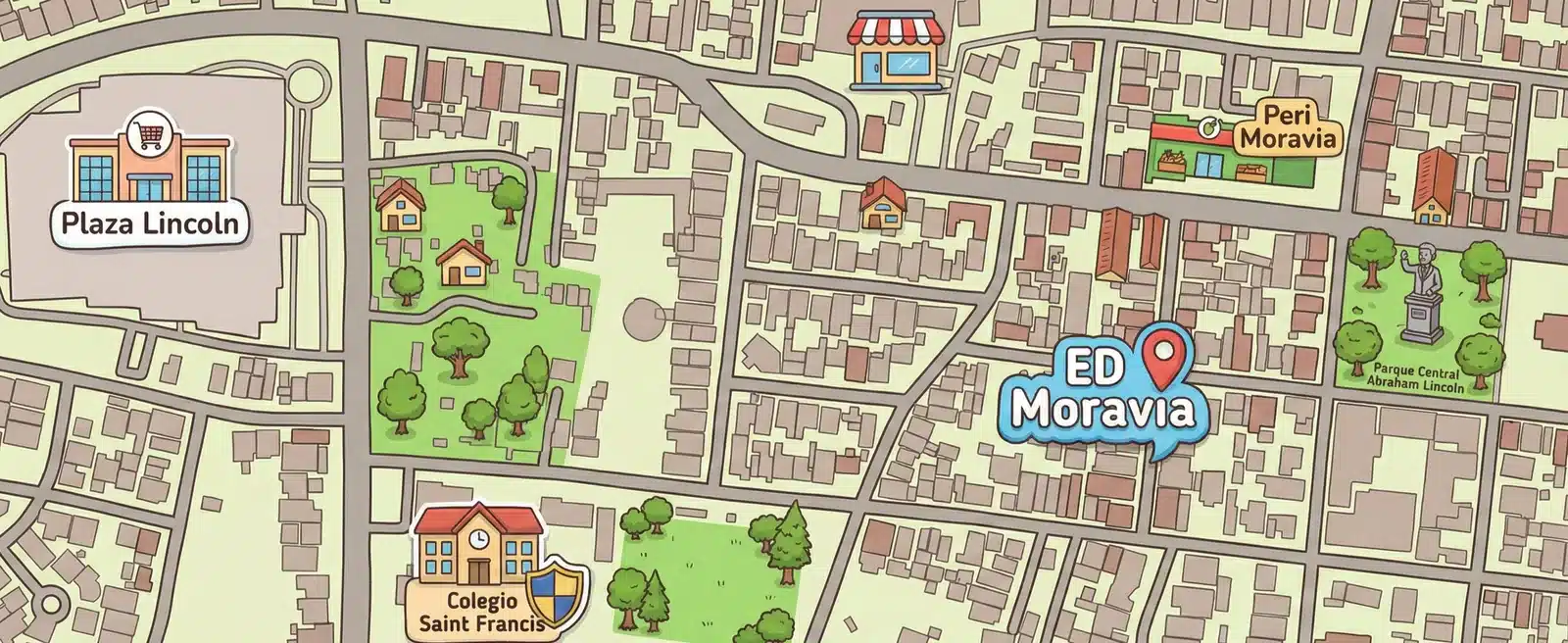 Mapa ilustrado para llegar a ED Moravia, 75 metros al sur del Banco Popular de San Vicente de Moravia